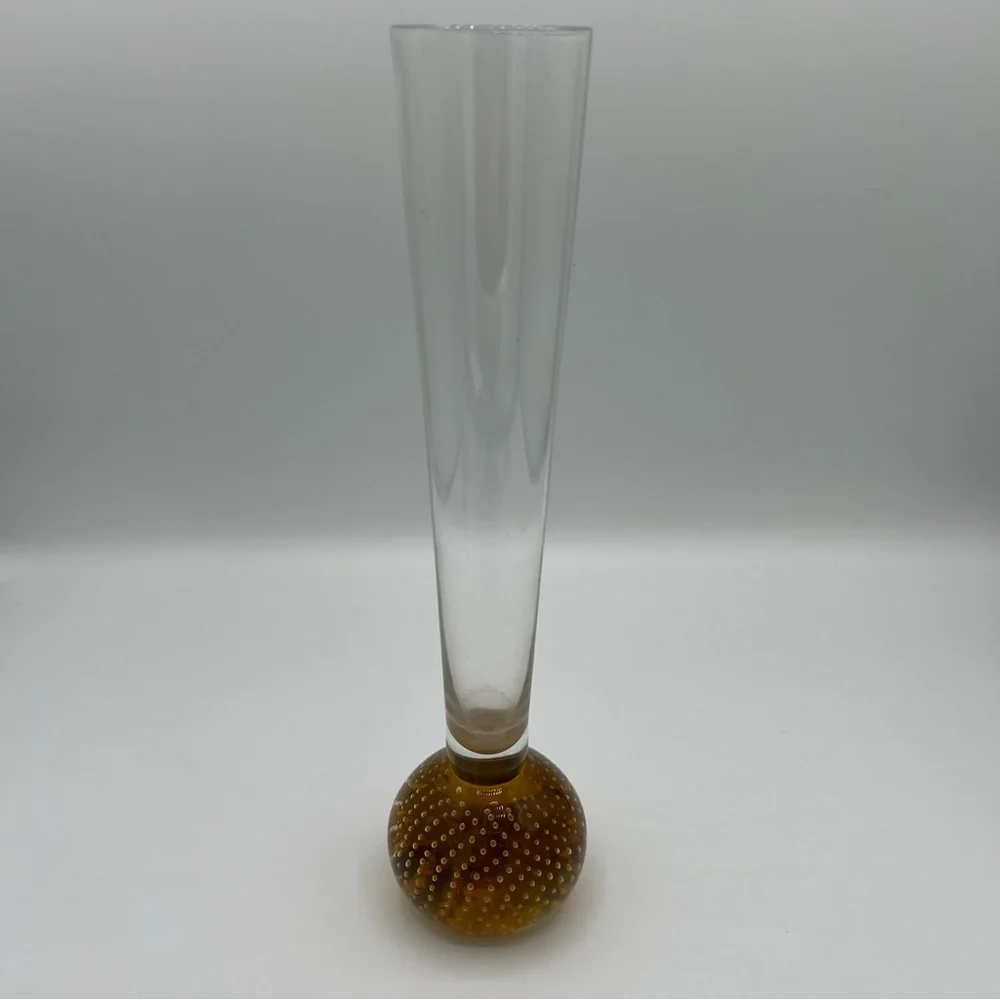 Elegant Controlled Bubble Art Glass‎ Vase Set in Blue and Amber with Flaws